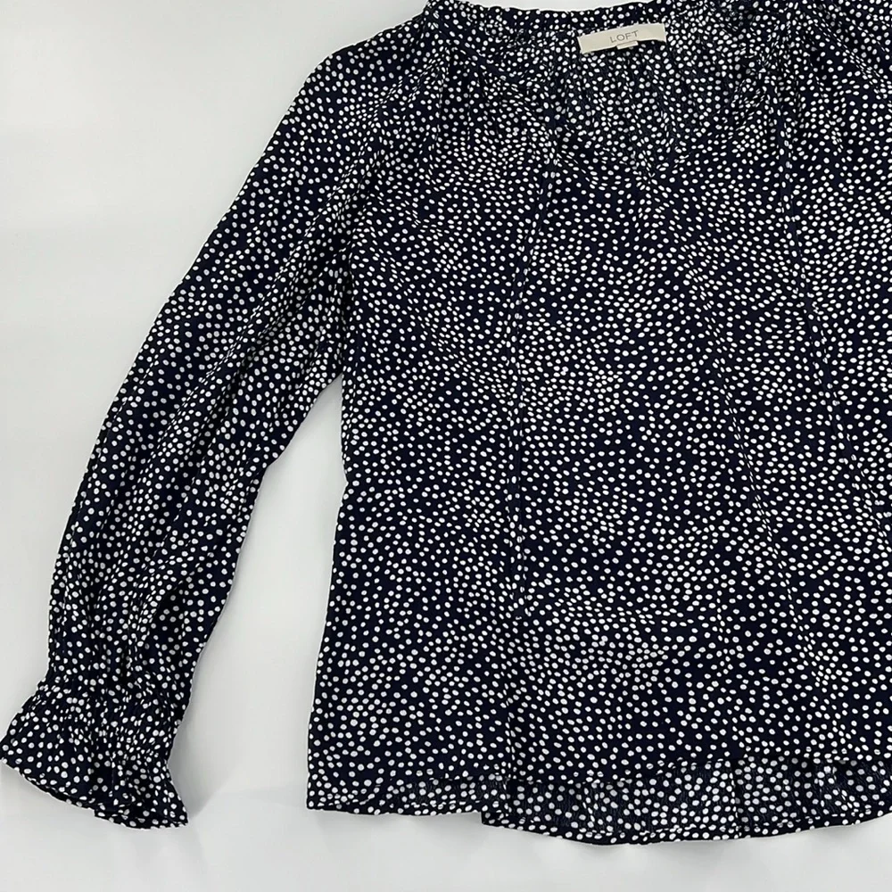 LOFT Navy blue and White polka dot Puff‎ Sleeve Blouse with Mandarin Collar